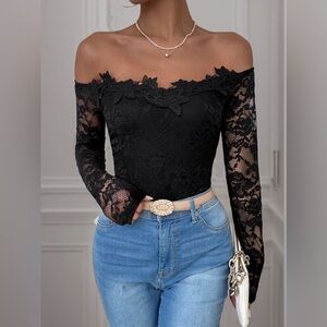 Perfee Lace Off-Shoulder Long Sleeve Bodysuit 10010058371